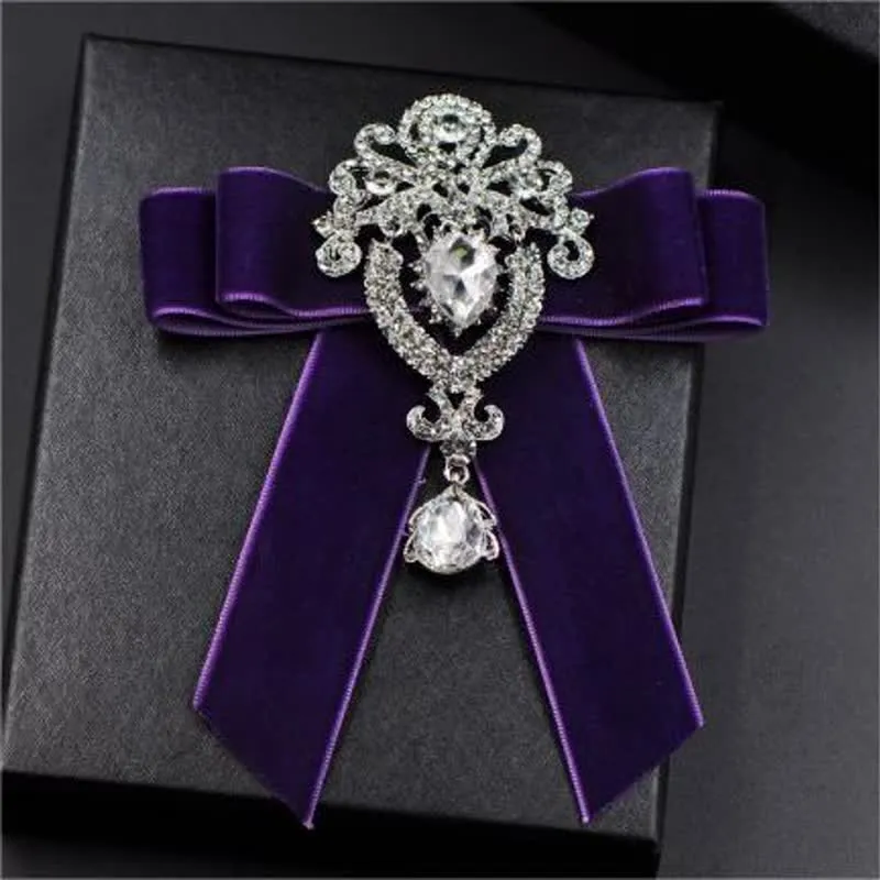 2Pcs Royal Rhinestone Brooch Velvet Bow Tie Set