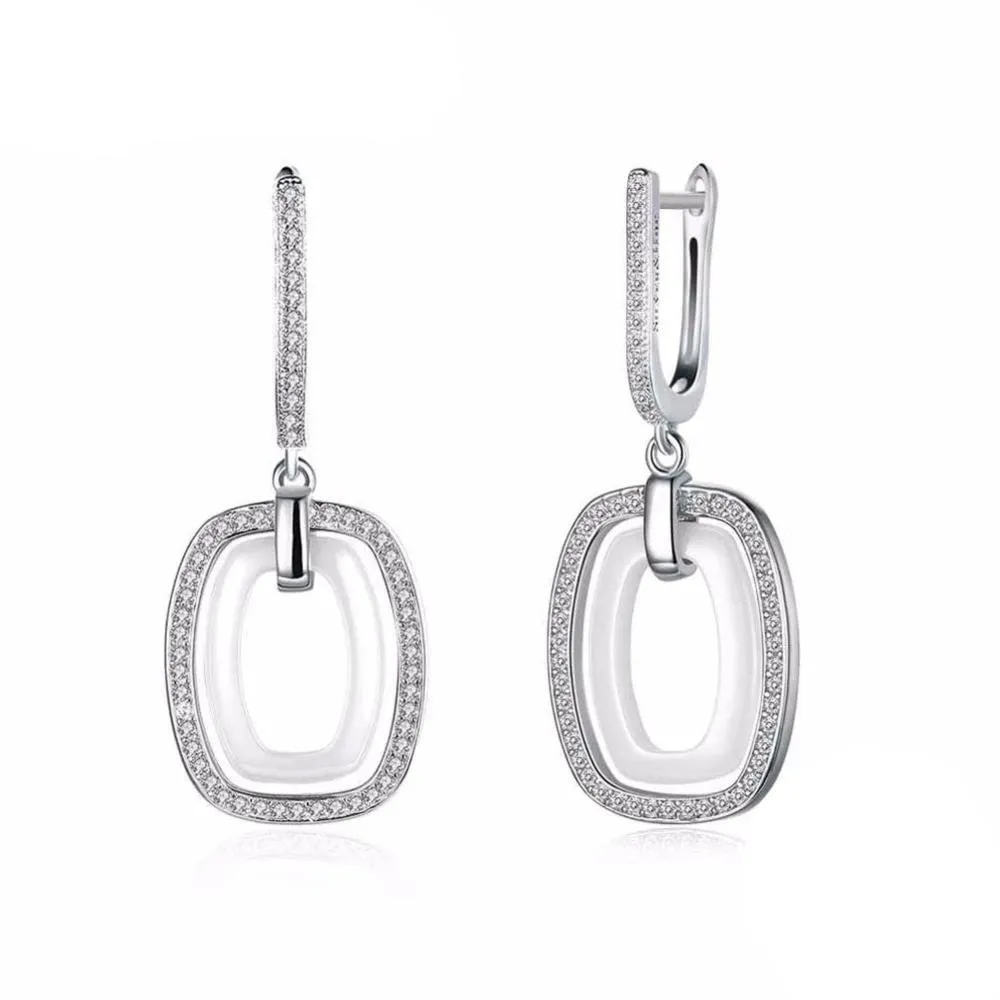 925 Sterling Silver White Rectangular Brincos Zirconia Dangler Drop Earring