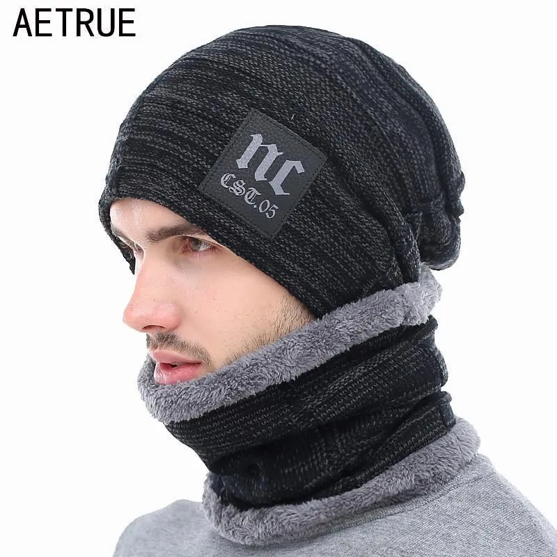 AETRUE Winter Knitted Hat Beanies Men Women Scarf Caps