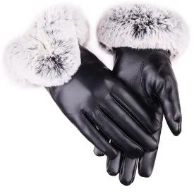 Black PU Leather Gloves with Fluff Lining and Touch Screen