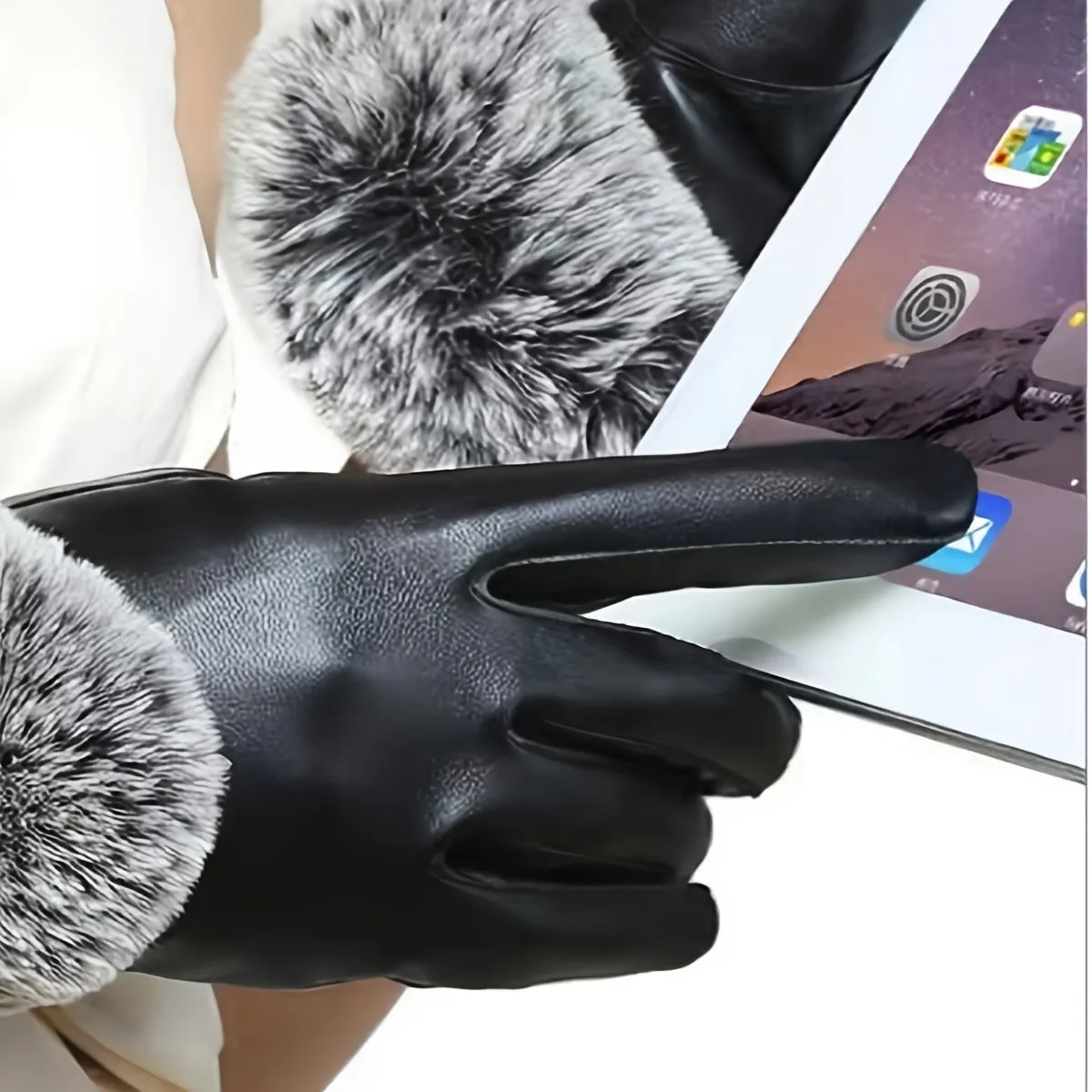 Black PU Leather Gloves with Fluff Lining and Touch Screen