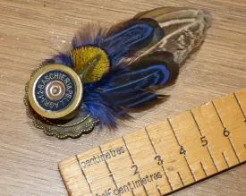 Blue Feather Brooch/Hatpin with Pheasant and Peacock Feathers.