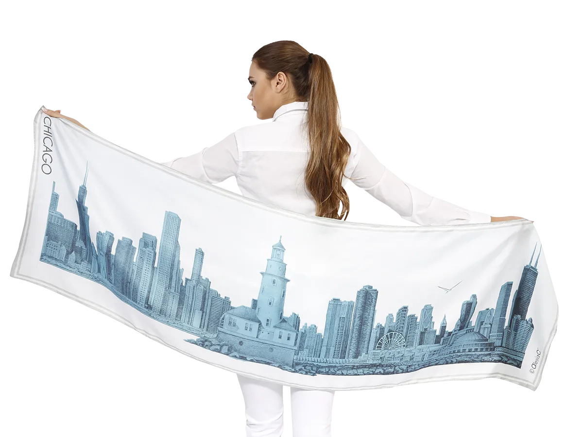 CHICAGO Skyline Art 100% Silk Stole Scarf in Blue White