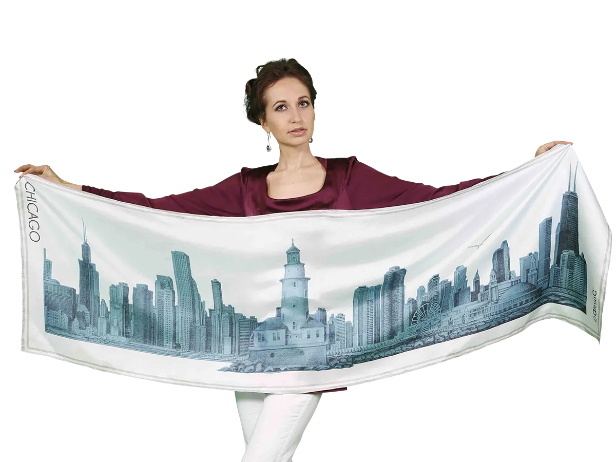 CHICAGO Skyline Art 100% Silk Stole Scarf in Blue White