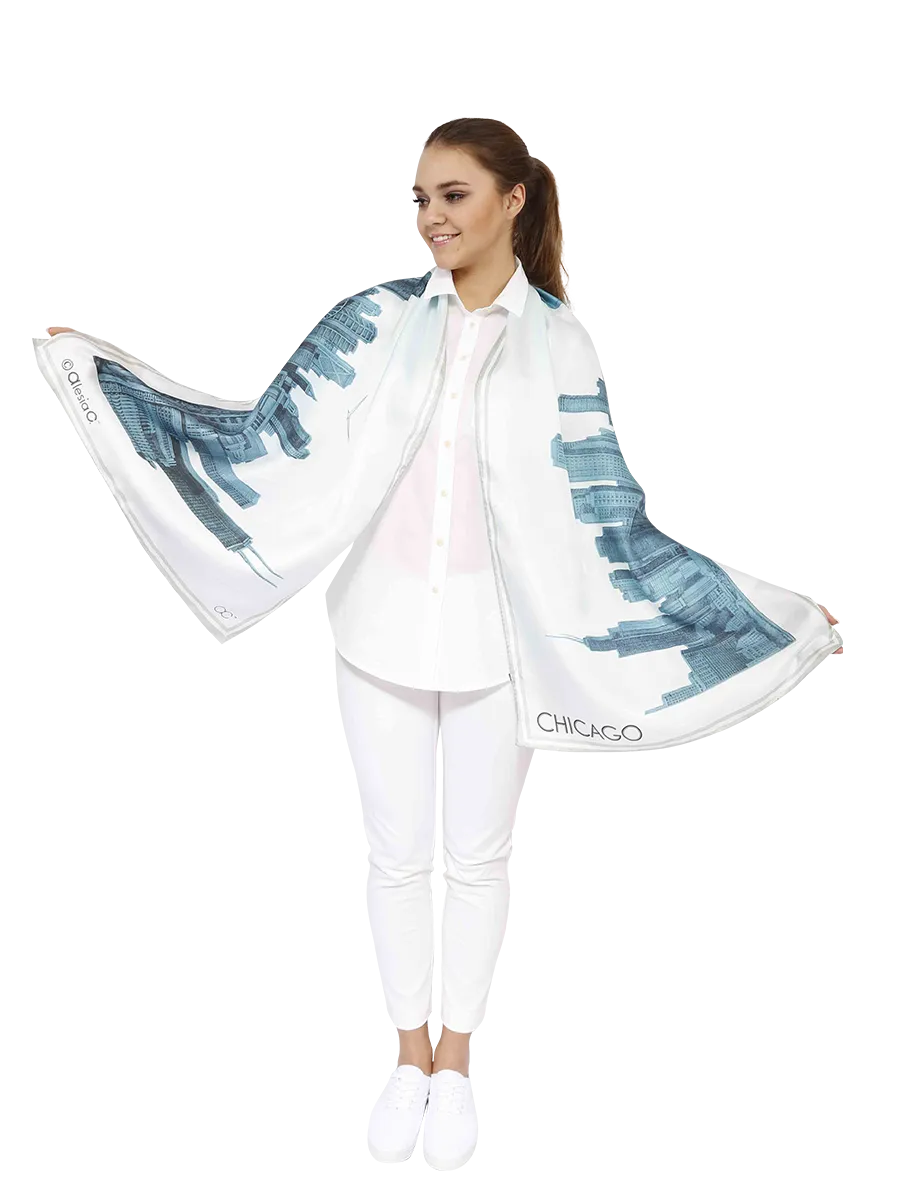 CHICAGO Skyline Art 100% Silk Stole Scarf in Blue White