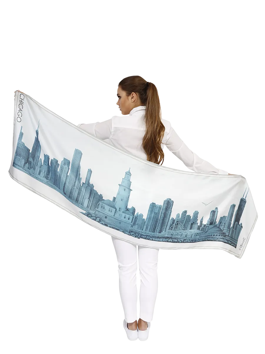 CHICAGO Skyline Art 100% Silk Stole Scarf in Blue White