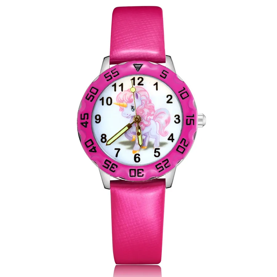 Children's Cute Cartoon Horse Unicorn Style Student Boy Girl Leather Strap Quartz Wrist Watches