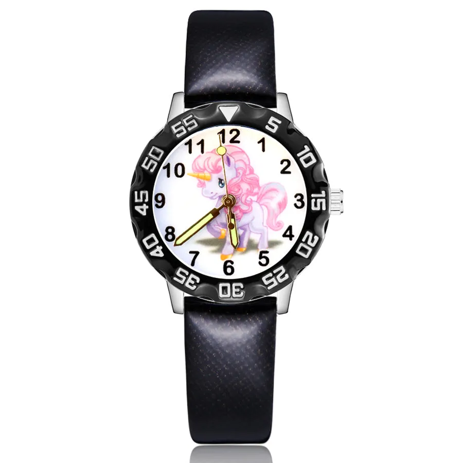 Children's Cute Cartoon Horse Unicorn Style Student Boy Girl Leather Strap Quartz Wrist Watches