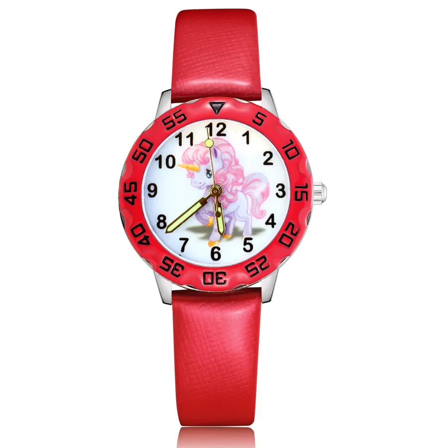 Children's Cute Cartoon Horse Unicorn Style Student Boy Girl Leather Strap Quartz Wrist Watches