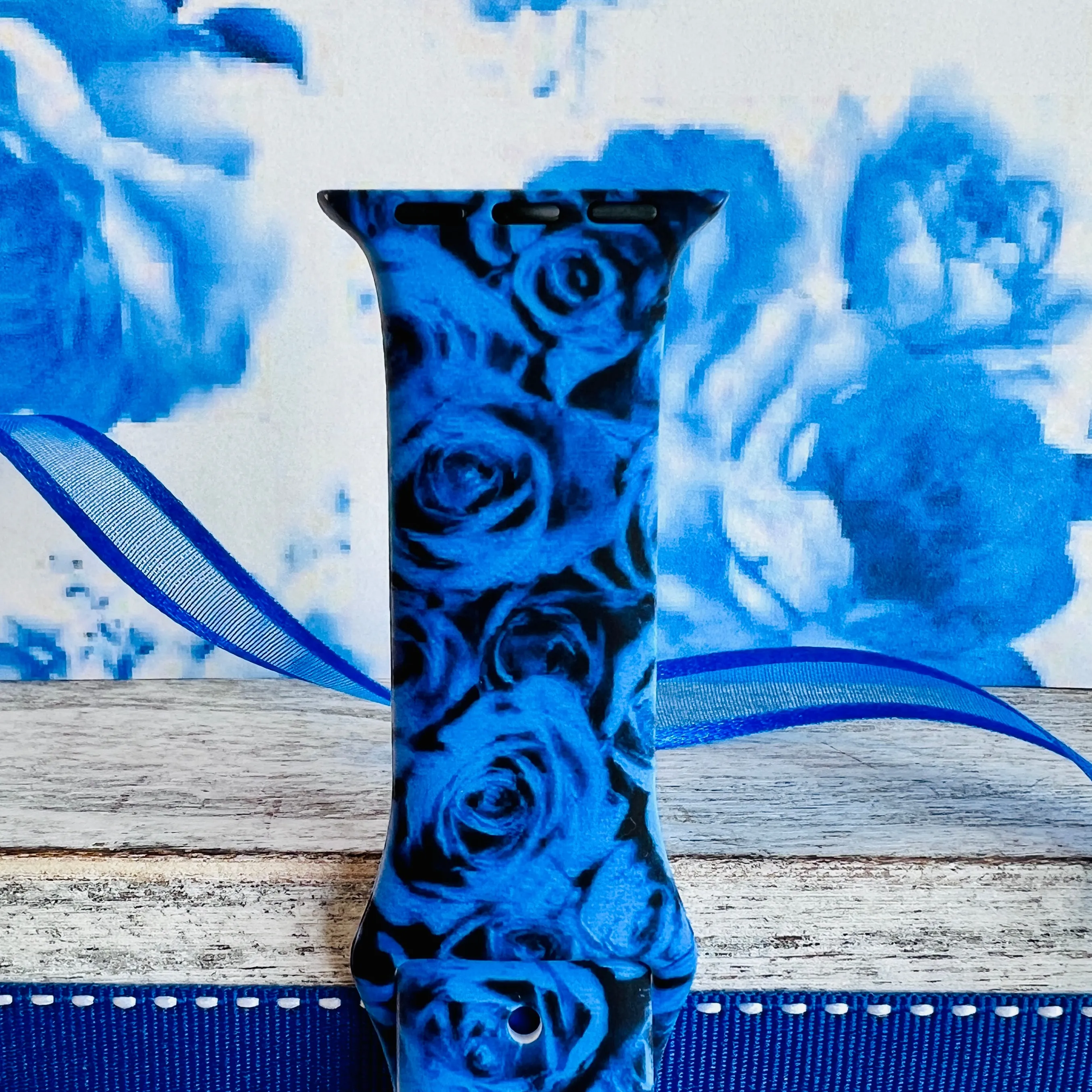 Cobalt Blue Roses Print Silicone Band For Apple Watch