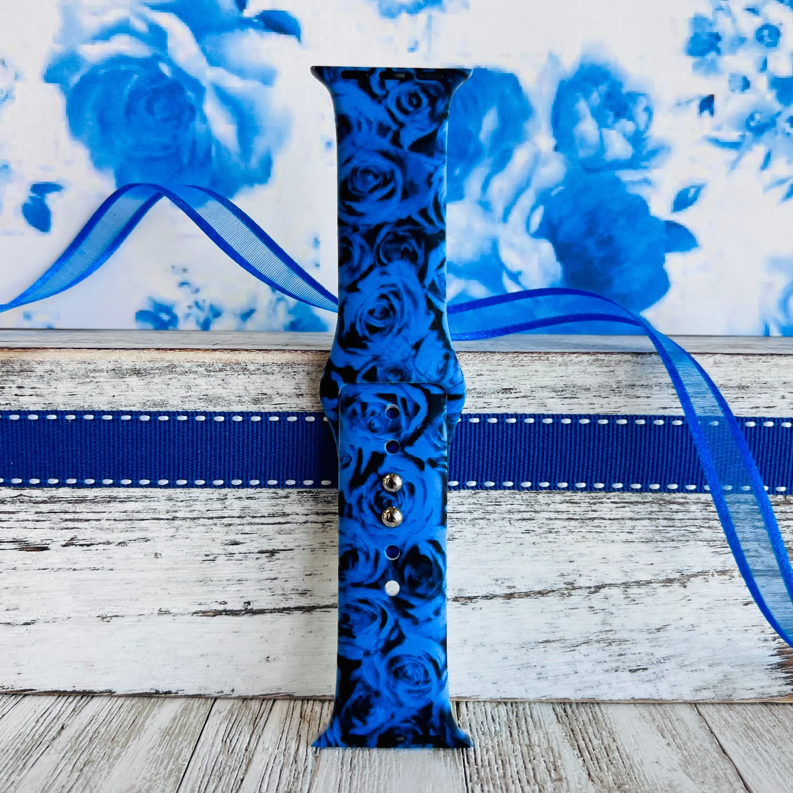 Cobalt Blue Roses Print Silicone Band For Apple Watch