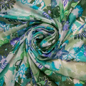 Cream Green Floral Print Tabby Silk Fabric