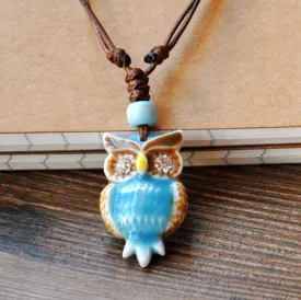 Ethnic style sweater chain, long adjustable ceramic necklace, female owl pendant, accessories, autumn and winter