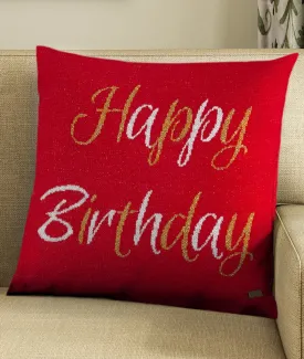 Happy Birthday Cotton Knitted Decorative Red Color 16 x 16 Inches Cushion Cover