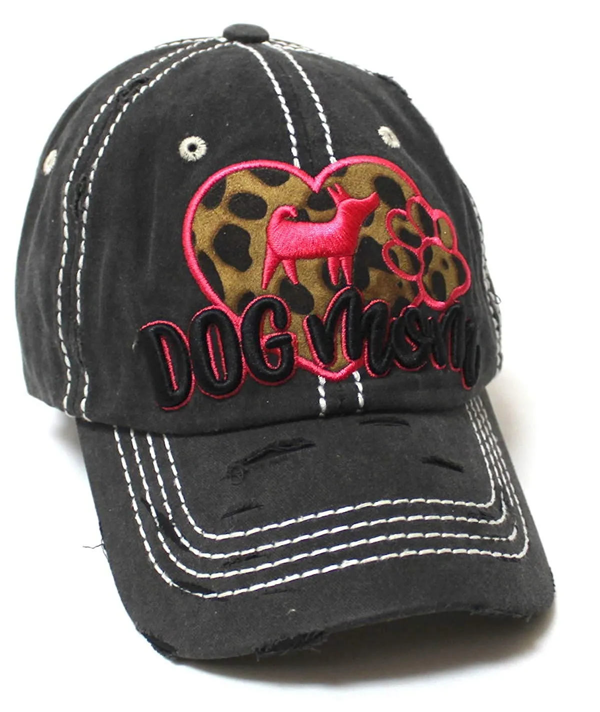 Leopard Print Heart, Dog Mom Monogram Embroidery, Paw Print Embroidery Adjustable Hat, Vintage Black