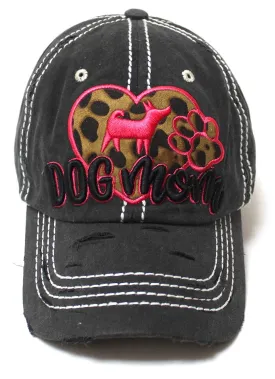 Leopard Print Heart, Dog Mom Monogram Embroidery, Paw Print Embroidery Adjustable Hat, Vintage Black