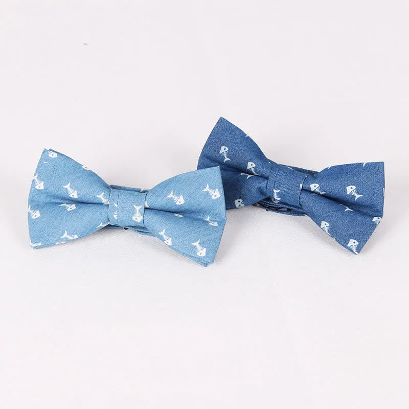 Men's British Style Blue Fish Bone Skull Print Cotton Bow Tie