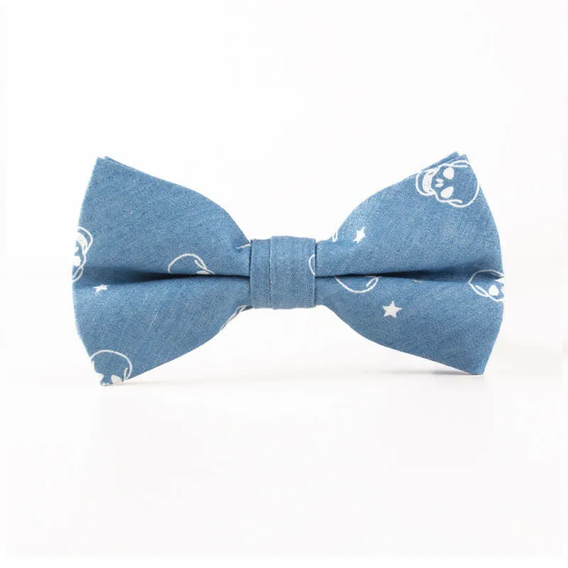 Men's British Style Blue Fish Bone Skull Print Cotton Bow Tie