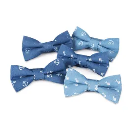 Men's British Style Blue Fish Bone Skull Print Cotton Bow Tie