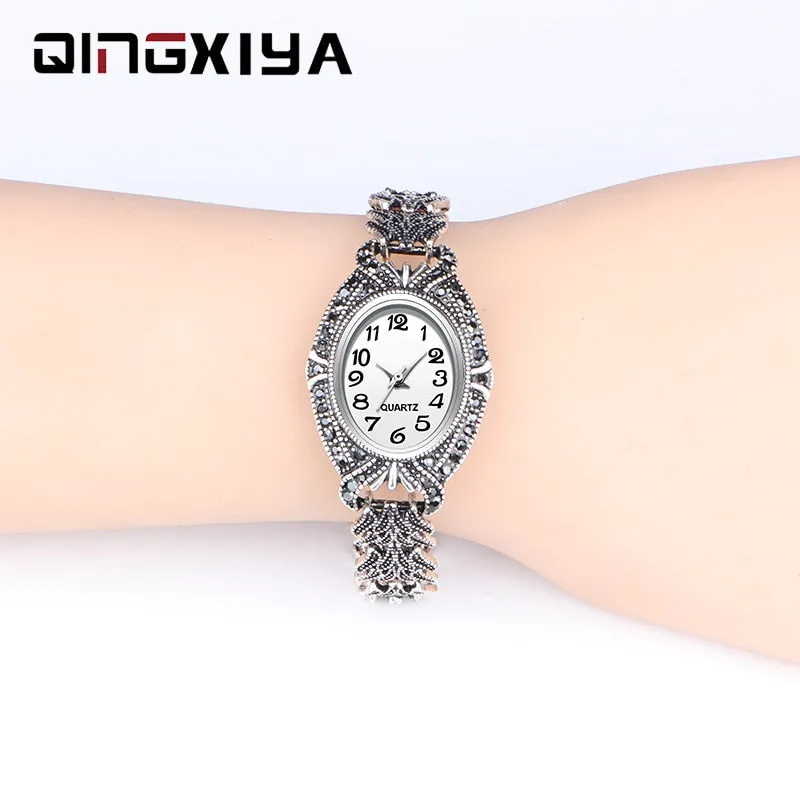 QINGXIYA Brand Luxury Women Dress Watches Fashion Design Antique Silver Bracelet Clock Ladies Wrist Watch Quartz Watches Womens