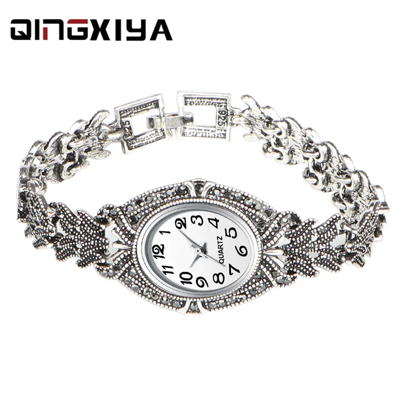 QINGXIYA Brand Luxury Women Dress Watches Fashion Design Antique Silver Bracelet Clock Ladies Wrist Watch Quartz Watches Womens