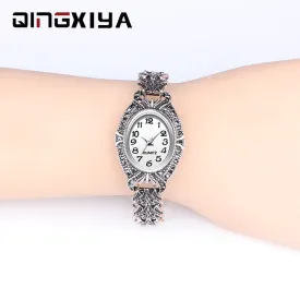 QINGXIYA Brand Luxury Women Dress Watches Fashion Design Antique Silver Bracelet Clock Ladies Wrist Watch Quartz Watches Womens