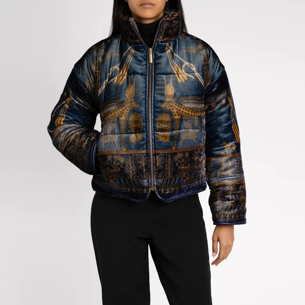 Sabina Savage "Ode to Anubis" Lapis/Nile Silk and Velvet Reversible Padded Jacket