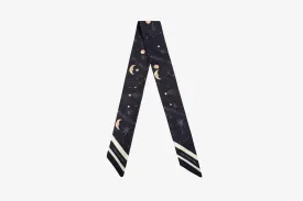 Silk Skinny Scarf - Moon & Star Print Navy