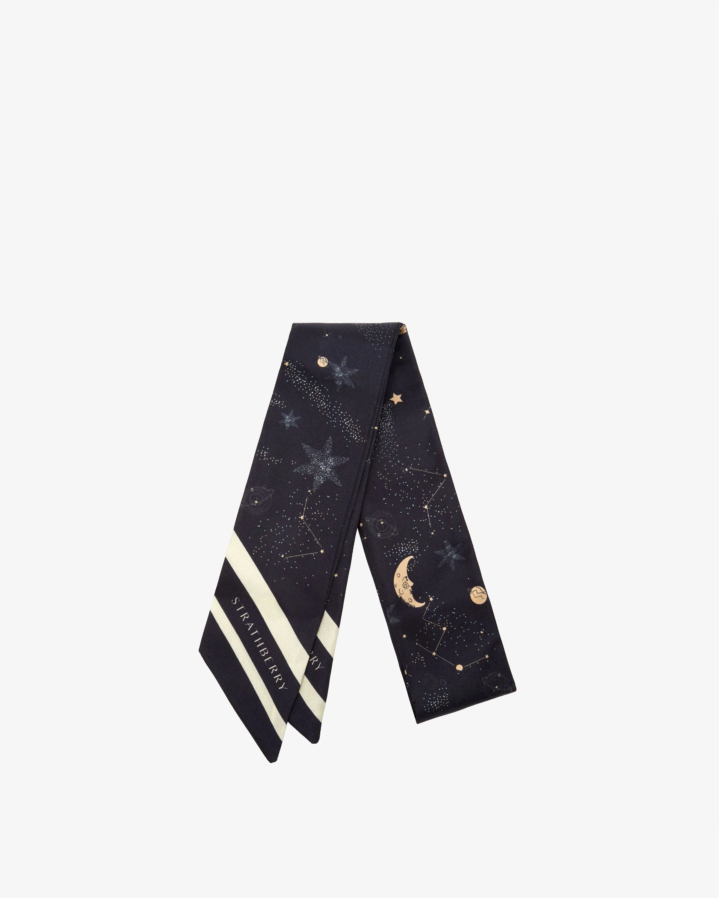 Silk Skinny Scarf - Moon & Star Print Navy