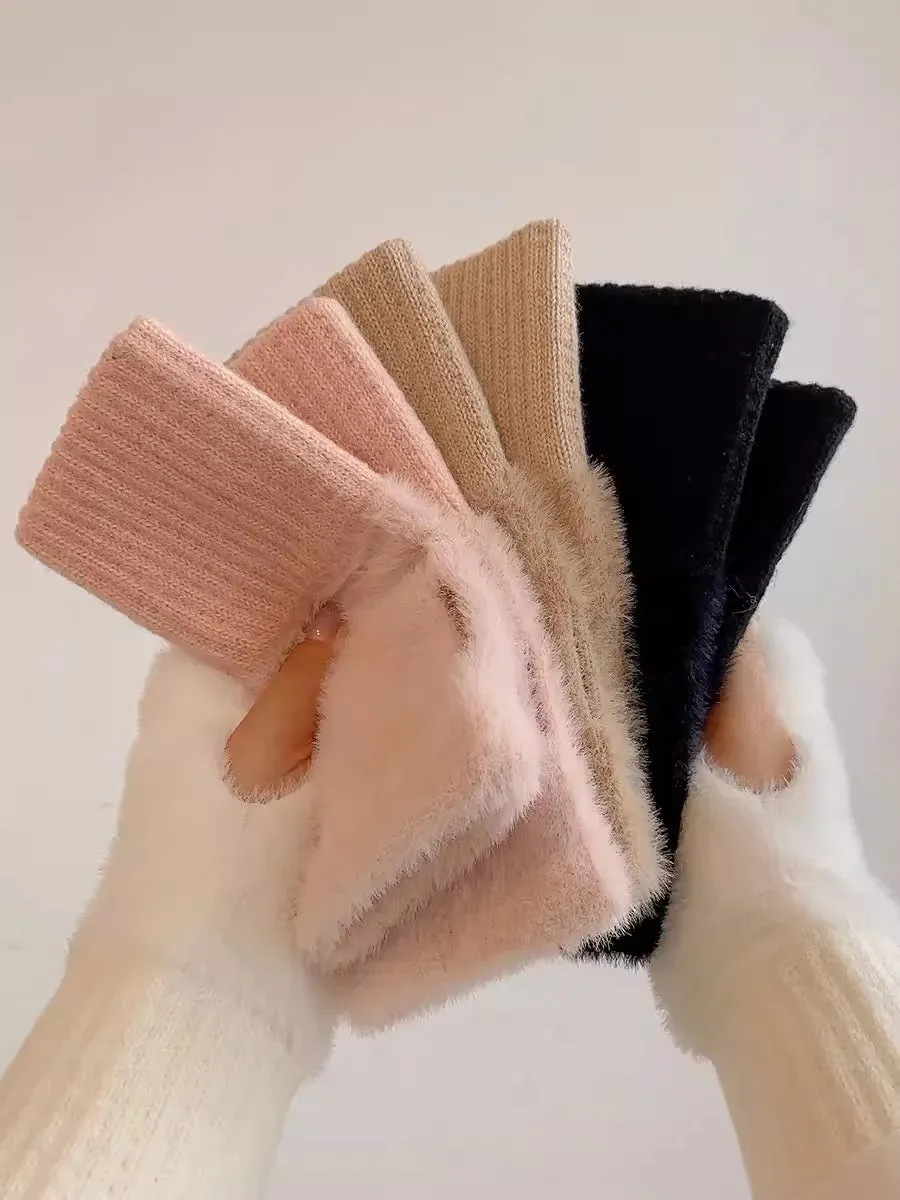 Soft Mink Fleece Fingerless Gloves - Warm Winter Plush Mittens for Women