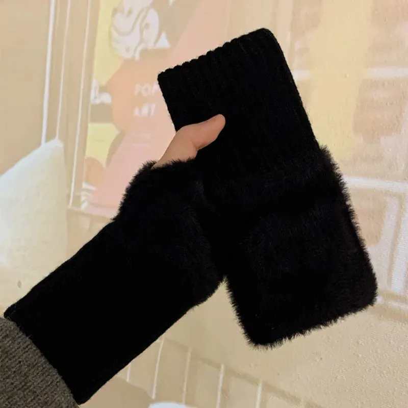 Soft Mink Fleece Fingerless Gloves - Warm Winter Plush Mittens for Women