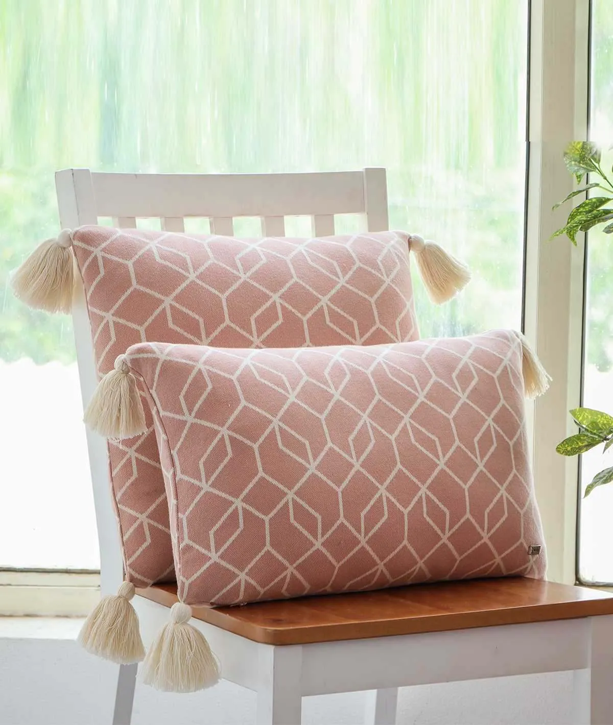 Trellis Cotton Knitted Decorative Blush Pink & Natural Color 12 x 20 Inches Pillow Covers